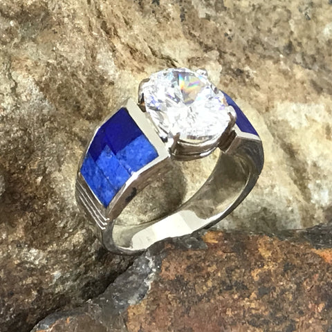 David Rosales Blue Water Inlaid Sterling Silver Ring w/ Cubic Zirconia