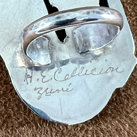 Zuni Rainbow Man Silver Inlaid Ring by H E Callicion Size 7.5 - Estate Jewelry