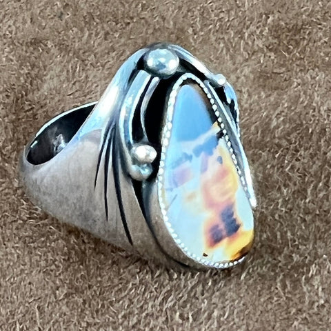 Vintage Agate Silver Ring by KK Size 11 - Estate Jewelry