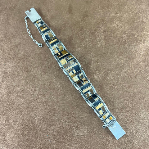 Vintage Navajo Inlaid Sterling Silver Bracelet by Rick Tolino- Estate Jewelry