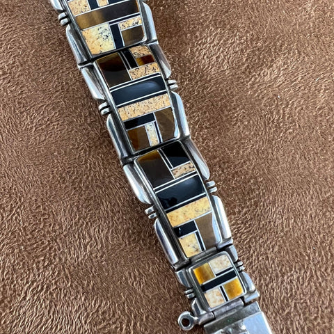 Vintage Navajo Inlaid Sterling Silver Bracelet by Rick Tolino- Estate Jewelry