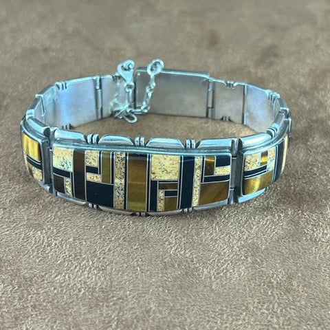 Vintage Navajo Inlaid Sterling Silver Bracelet Link by Rick Tolino- Estate Jewelry
