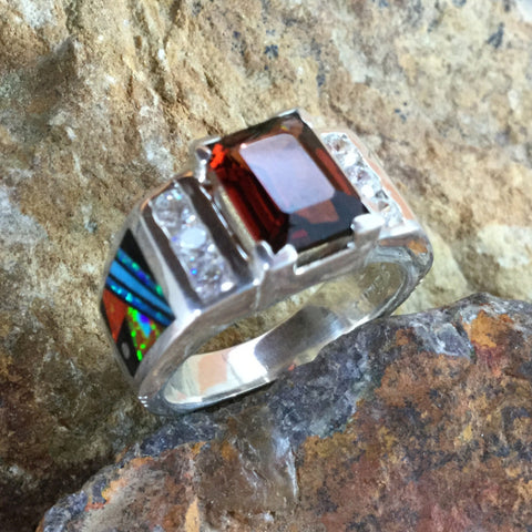 David Rosales Red Moon Inlaid Sterling Silver Ring  w/ Red Garnet
