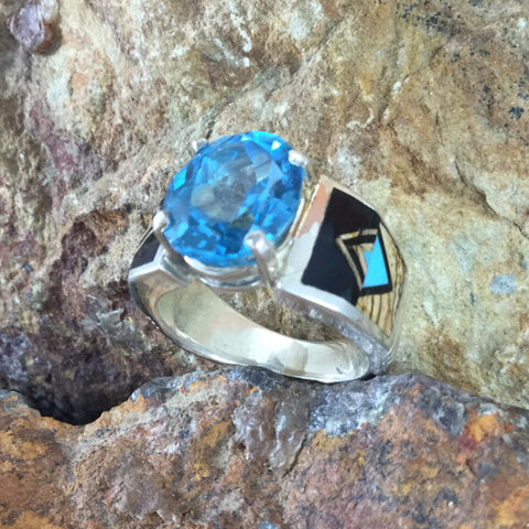 David Rosales Turquoise Creek Fancy Inlaid Sterling Silver Ring w/ Blue Topaz