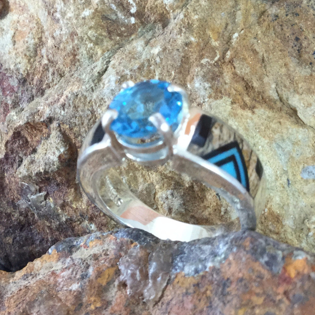 David Rosales Turquoise Creek Fancy Inlaid Sterling Silver Ring w/ Blue Topaz