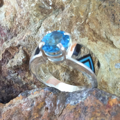 David Rosales Turquoise Creek Fancy Inlaid Sterling Silver Ring w/ Blue Topaz