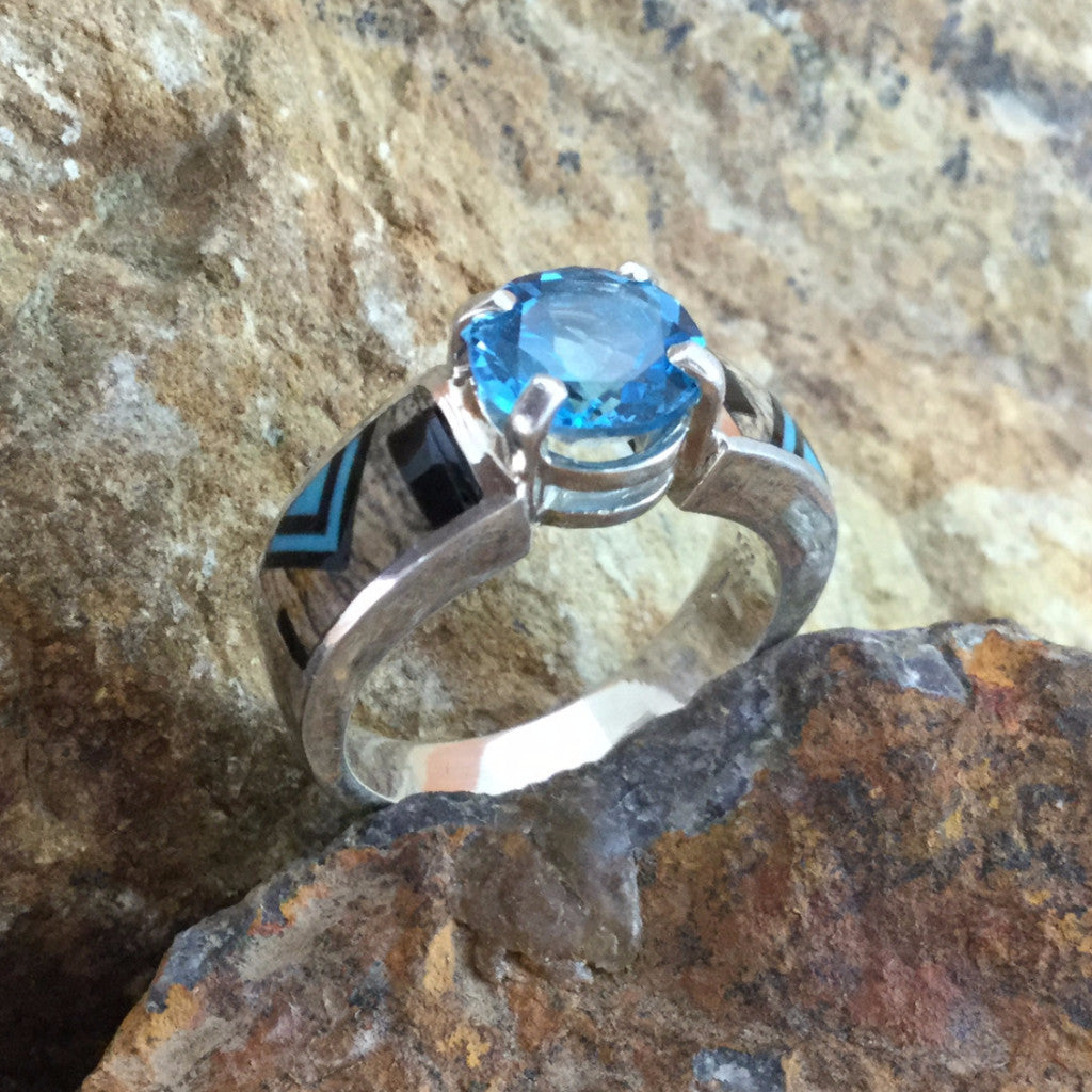 David Rosales Turquoise Creek Fancy Inlaid Sterling Silver Ring w/ Blue Topaz
