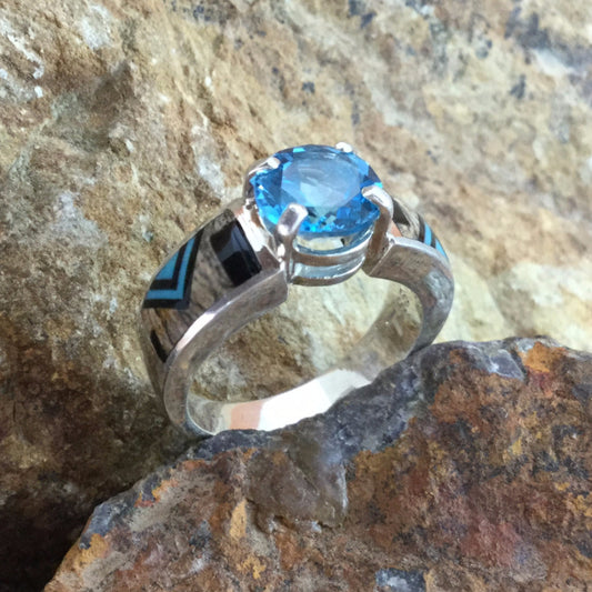 David Rosales Turquoise Creek Fancy Inlaid Sterling Silver Ring w/ Blue Topaz