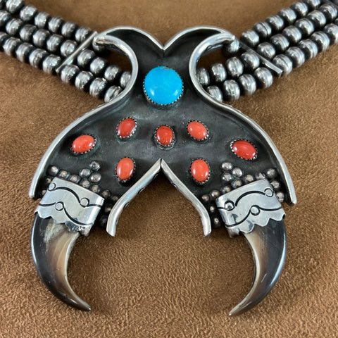 Vintage Bear Claw Turquoise Coral Silver Beaded Necklace Choker by James Honyaktewa -- Estate Jewelry