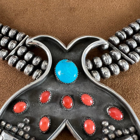 Vintage Bear Claw Turquoise Coral Silver Beaded Necklace Choker by James Honyaktewa -- Estate Jewelry