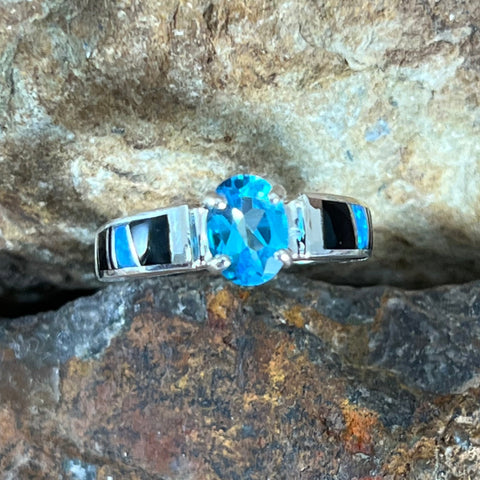 David Rosales Black Beauty Inlaid Sterling Silver Ring w/ Blue Topaz