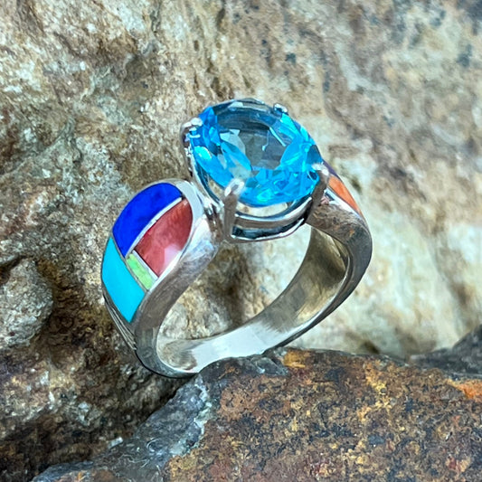 David Rosales Indian Summer Inlaid Sterling Silver Ring w/ Blue Topaz