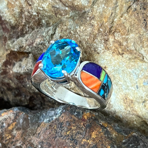 David Rosales Indian Summer Inlaid Sterling Silver Ring w/ Blue Topaz