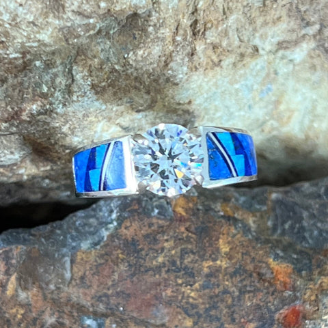 David Rosales Blue Sky Fancy Inlaid Sterling Silver Ring w/ Cubic Zirconia