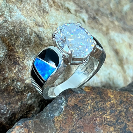 David Rosales Black Beauty Inlaid Sterling Silver Ring w/ Cubic Zirconia