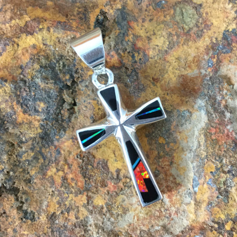David Rosales Red Moon Fancy Inlaid Sterling Silver Pendant Cross