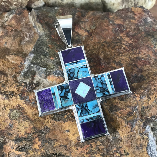David Rosales Shalako Inlaid Sterling Silver Pendant Two-Sided Cross