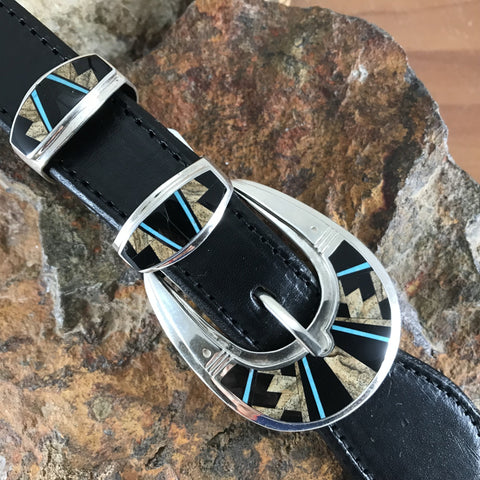 David Rosales Turquoise Creek Fancy Inlaid Sterling Silver 1" Ranger Belt Buckle