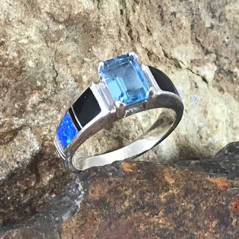 David Rosales Black Beauty Inlaid Sterling Silver Ring Set w/ Blue Topaz