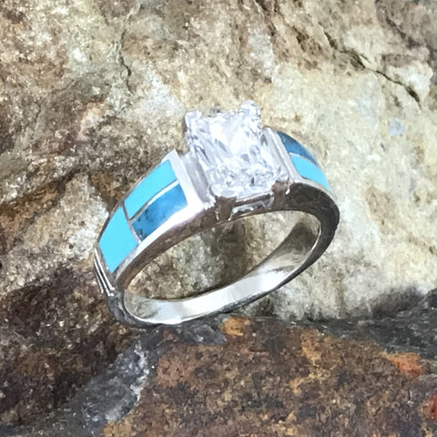 David Rosales Arizona Blue Inlaid Sterling Silver Ring Set w Cubic Zirconia