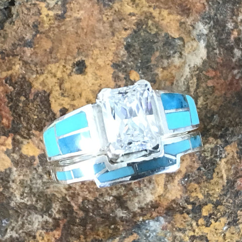 David Rosales Arizona Blue Inlaid Sterling Silver Ring Set w Cubic Zirconia