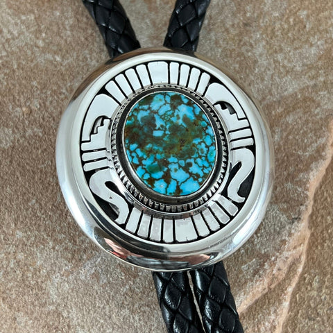 Apache Blue Turquoise Sterling Silver Leather Bolo Tie by Leonard Nez