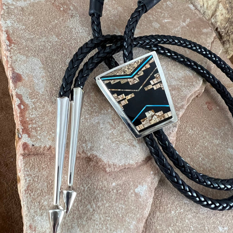 as part of the Turquoise Creek Collection features Black Jade, Picture Jasper and Kingman Turquoise in a Fancy Inlay Pattern. 