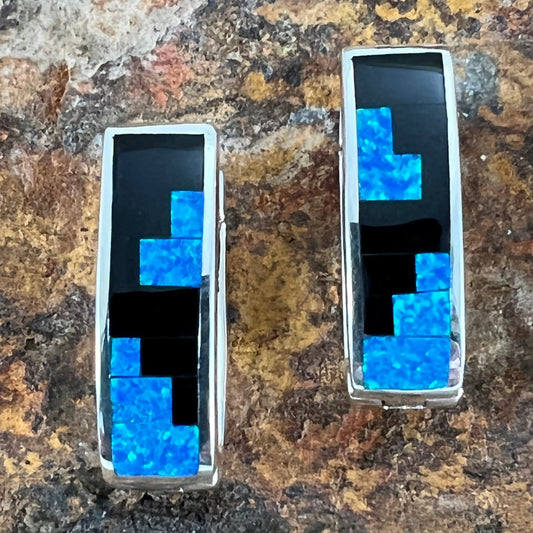 David Rosales Black Beauty Fancy Inlaid Sterling Silver Earrings Huggie