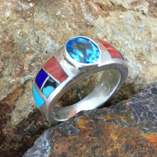 David Rosales Indian Summer Inlaid Sterling Silver Ring w/ Blue Topaz