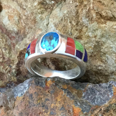 David Rosales Indian Summer Inlaid Sterling Silver Ring w/ Blue Topaz