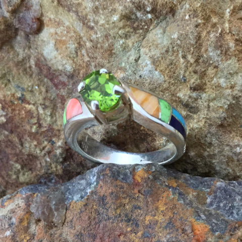 David Rosales Indian Summer Inlaid Sterling Silver Ring w/ Peridot