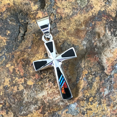 David Rosales Red Moon Inlaid Sterling Silver Pendant Cross