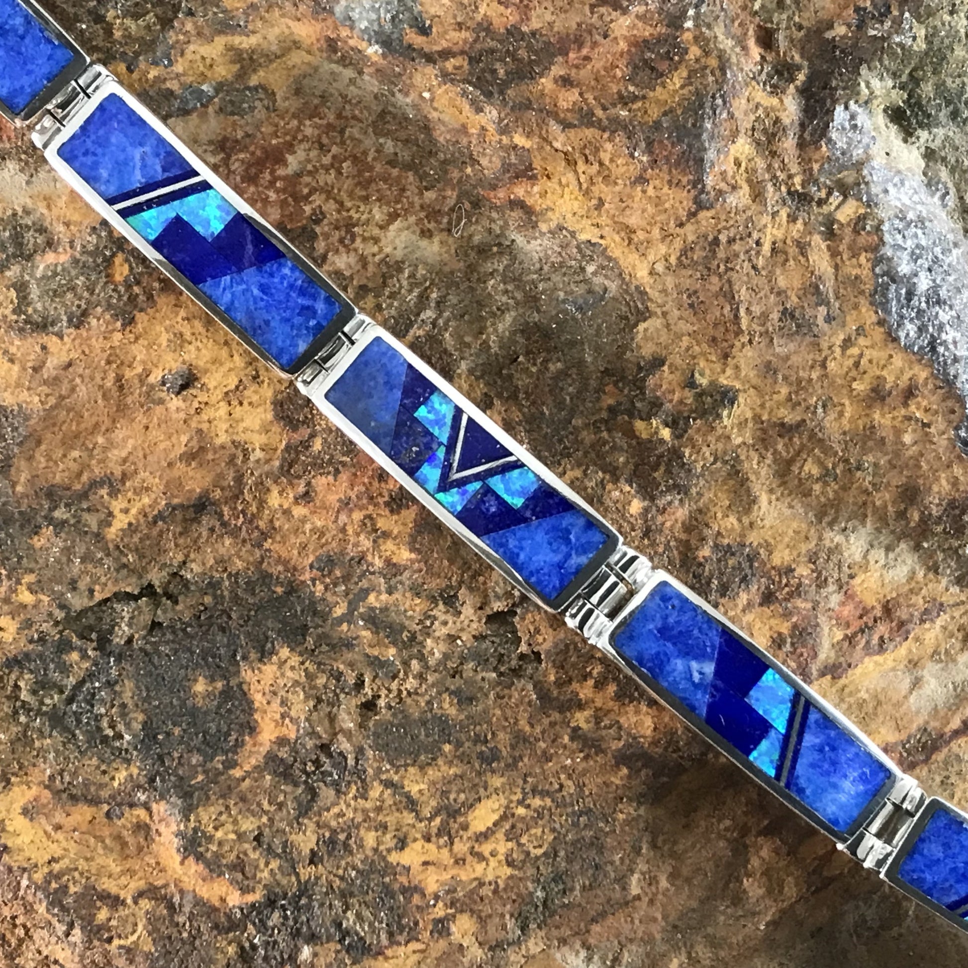 David Rosales Blue Sky Fancy Inlaid Sterling Silver Big Link Bracelet