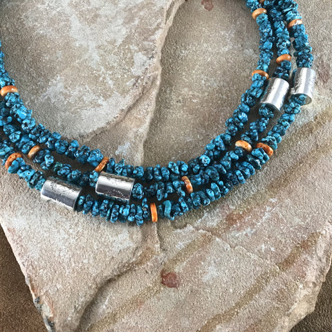 24" Kingman Turquoise Spiny Three-Strand Sterling Silver Beaded Necklace by Doris Coriz