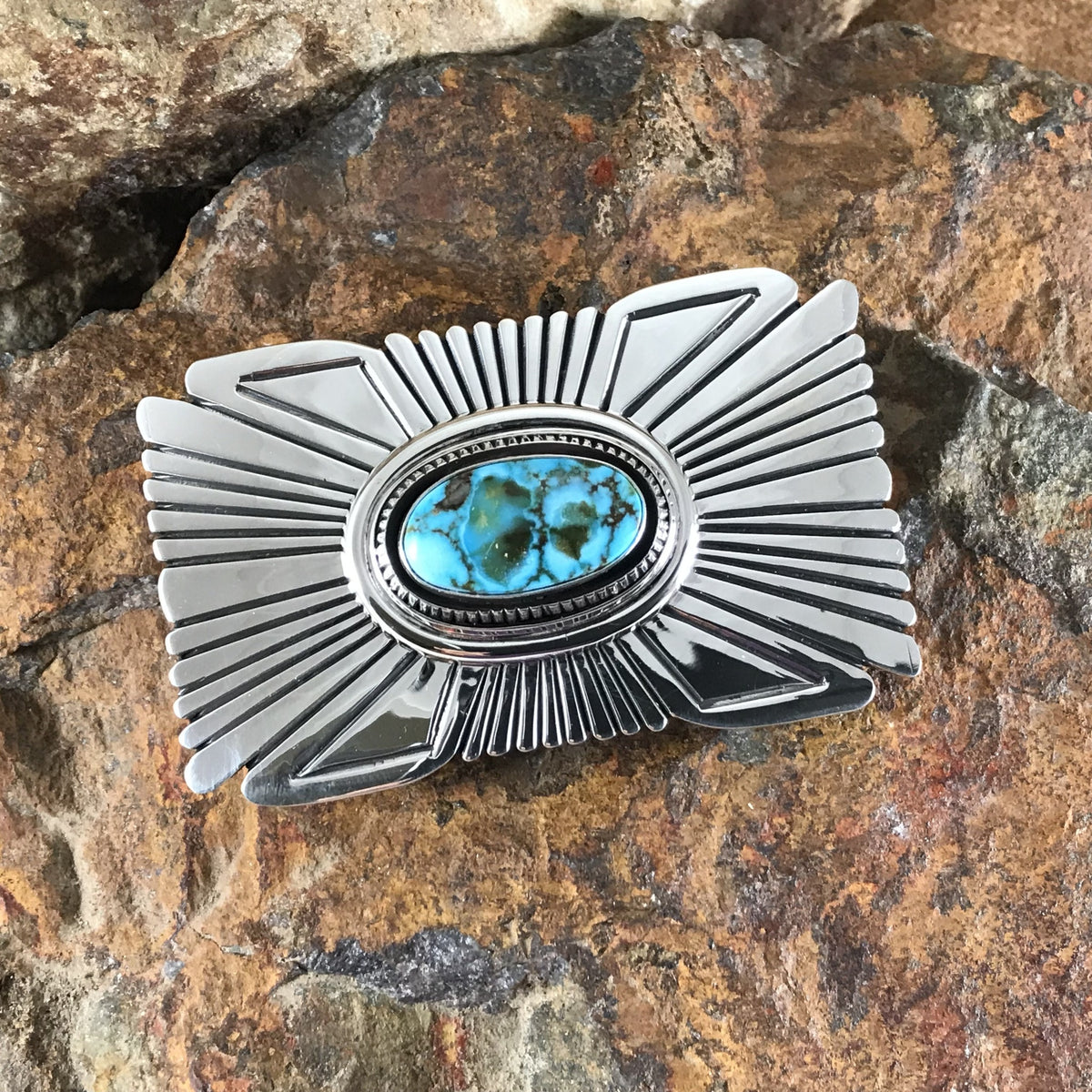 Silver plated Antiqued Belt With three Kingman Turquoise Stones 3/4” Silver belt buckle with kingman turquoise inlay main image 3