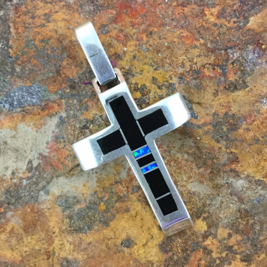 David Rosales Black Beauty Inlaid Sterling Silver Pendant Cross