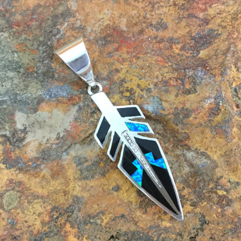David Rosales Black Beauty Inlaid Sterling Silver Pendant Feather