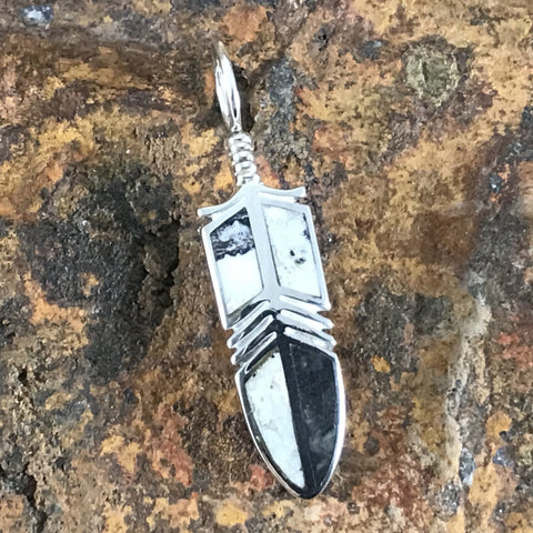 David Rosales White Buffalo Inlaid Sterling Silver Pendant Feather
