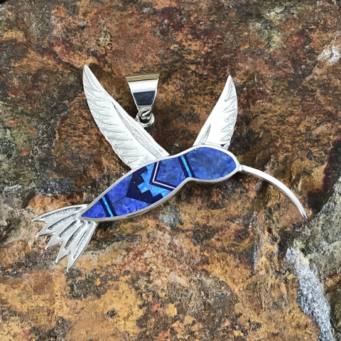 David Rosales Blue Sky Inlaid Sterling Silver Pendant Hummingbird