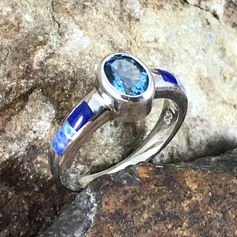 David Rosales Blue Sky Fancy Inlaid Sterling Silver Ring w/ Blue Topaz