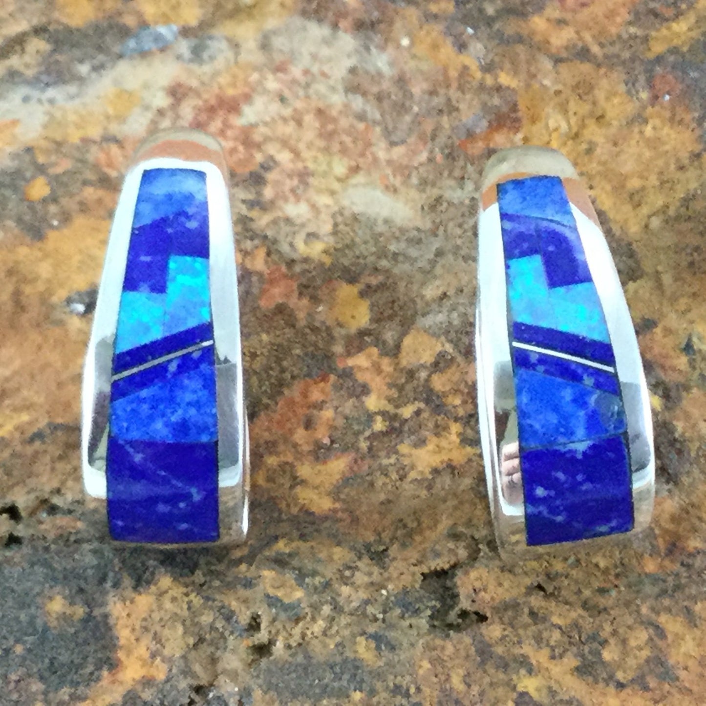 David Rosales Blue Sky Fancy Inlaid Sterling Silver Earrings Huggie