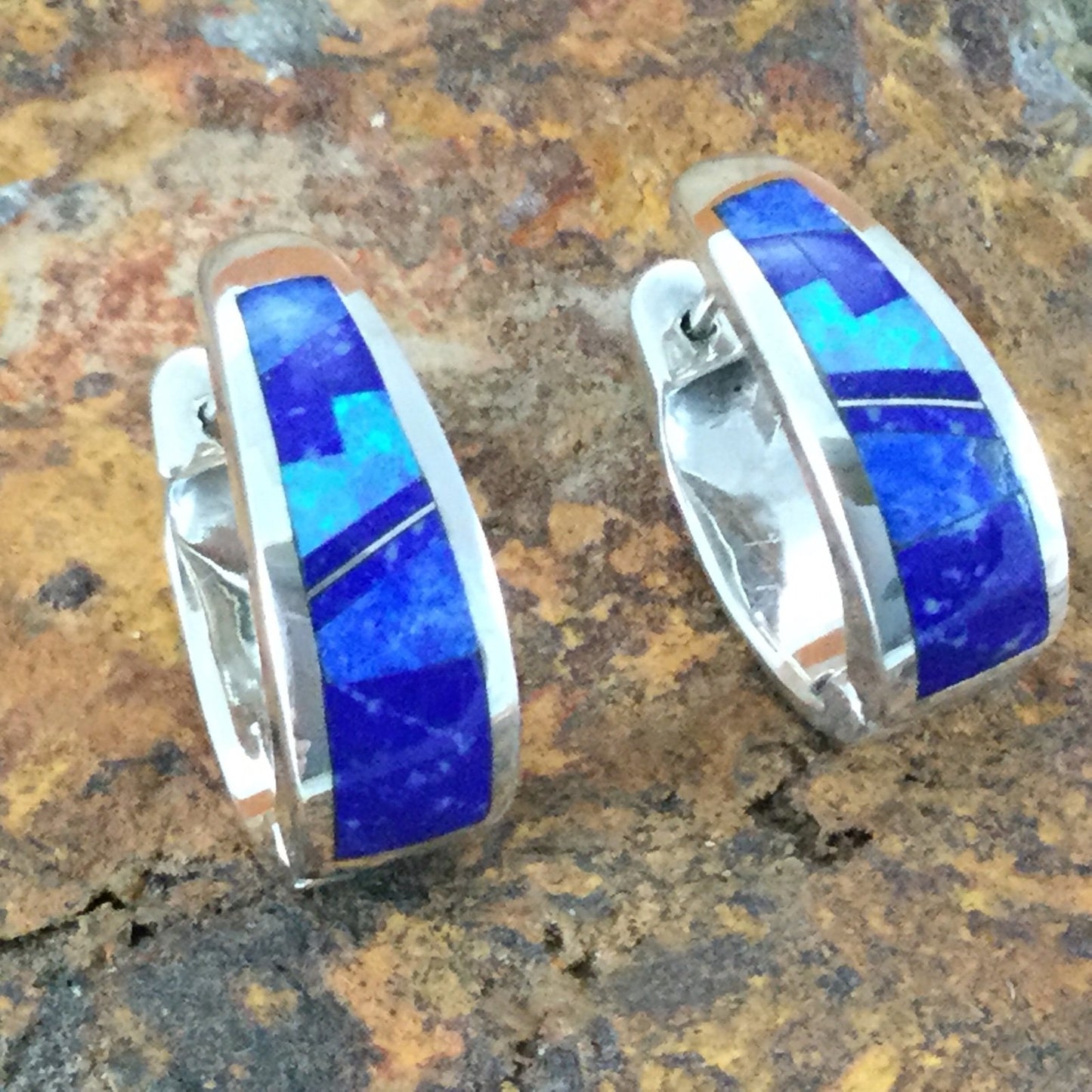 David Rosales Blue Sky Fancy Inlaid Sterling Silver Earrings Huggie