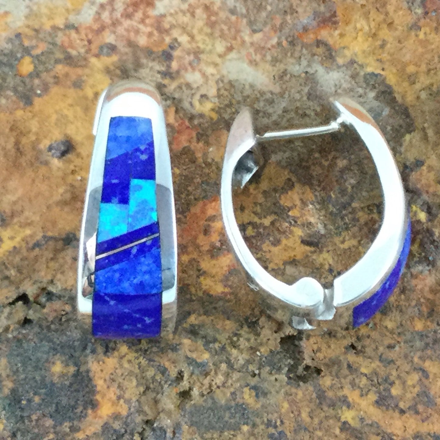 David Rosales Blue Sky Fancy Inlaid Sterling Silver Earrings Huggie