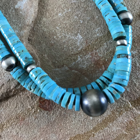 21" Two Strand Kingman Turquoise Sterling Silver Beaded Necklace by Daniel Coriz