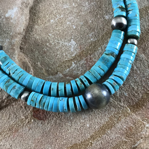 21" Two Strand Kingman Turquoise Sterling Silver Beaded Necklace by Daniel Coriz