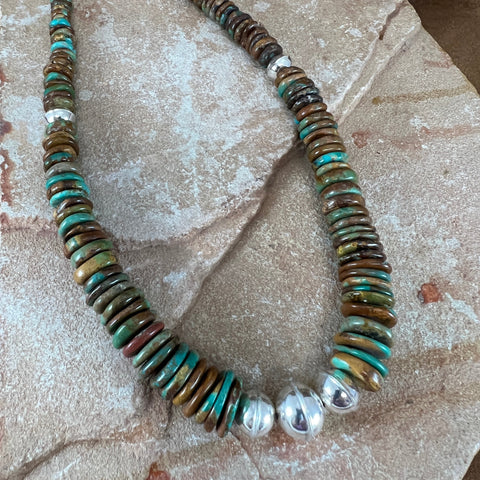 20" Royston Turquoise & Sterling Silver Graduated Beaded Necklace by Mary Tso