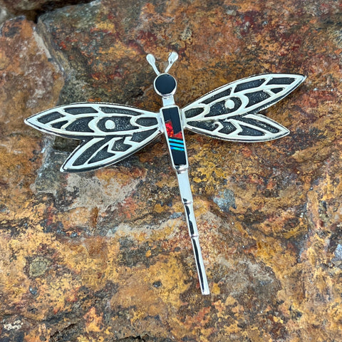 David Rosales Red Moon Inlaid Sterling Silver Pendant Dragonfly