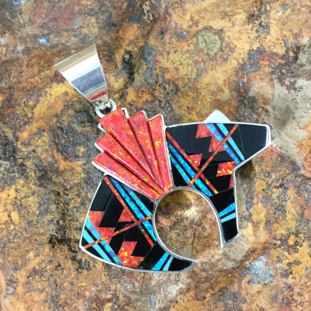 David Rosales Red Moon Inlaid Sterling Silver Pendant Bear