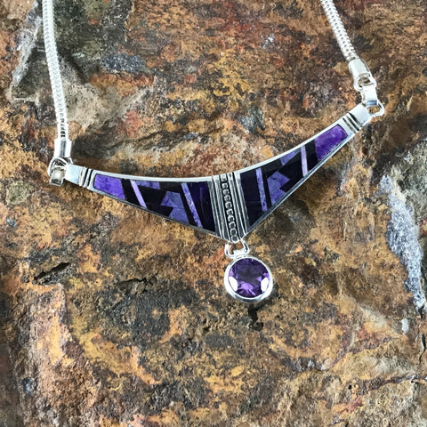 David Rosales Plum Crazy Inlaid Sterling Silver Necklace w Amethyst