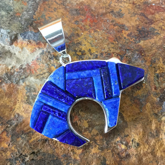 David Rosales Blue Water Cobble Inlaid Sterling Silver Pendant Bear